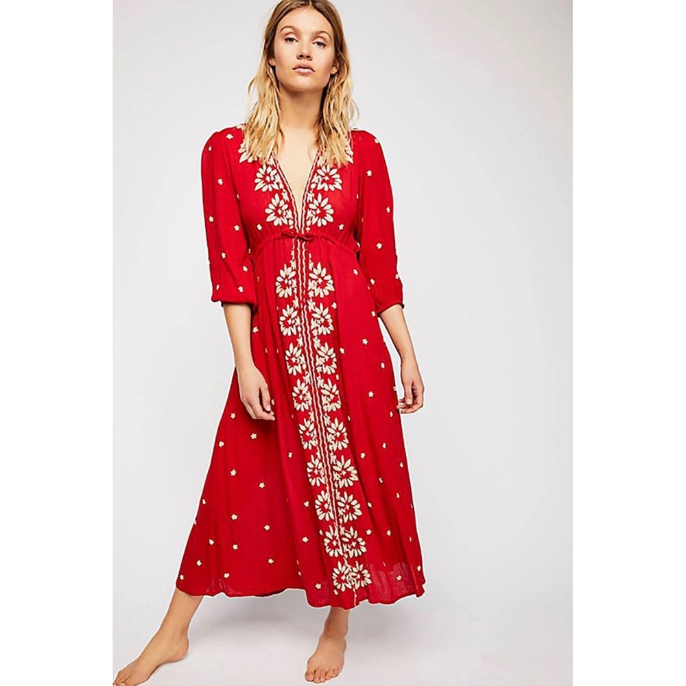 Free People Red Maxi Dress with White Floral Embroidery Accents - Picture 2 of 6